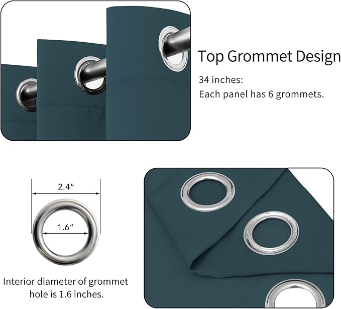 Easy-Going Blackout Curtains for Bedroom, Solid Thermal Insulated Grommet and Noise Reduction Window Drapes, Room Darkening Curtains for Living Room, 2 Panels (34x84 in, Bluestone)