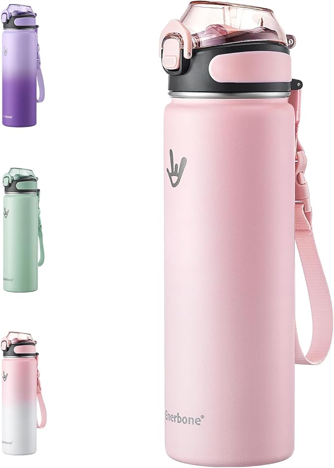 Enerbone 24 oz Insulated Water Bottle, Stainless Steel Bottle with Carrying Strap, Double-Wall Vacuum Insulation Design, Leakproof Sports Bottle with Straw, Keep Drinks Cold or Hot for Hours