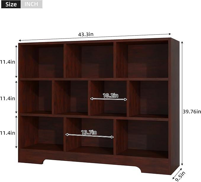 Book Shelf Set of 2, 10 Cubes Storage Organizer, 3-Tier Open Shelf Wooden Bookcase, Freestanding Cherry Bookshelf Cube Shelf for Bedroom, Living Room, Home Office