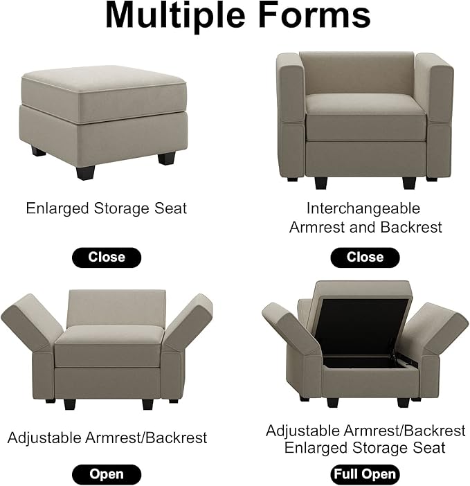 Belffin Modular Sectional Arm Chair Accent Chair with Storage Seat Single Club Chair for Apartment Velvet Grey