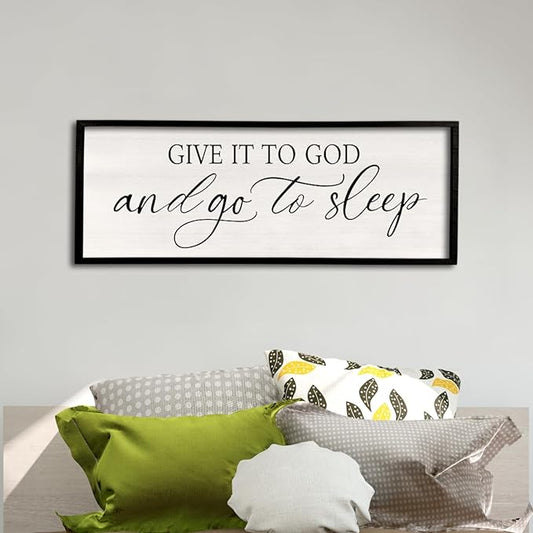 comurdyo Give It To God And Go to Sleep Sign 40''×15'' Master Bedroom Above Bed Wall Decor Wood Framed Couple Large Farmhouse Guest Room Rustic Simple Over Bedside Wall Art Hanging Decor (Black)
