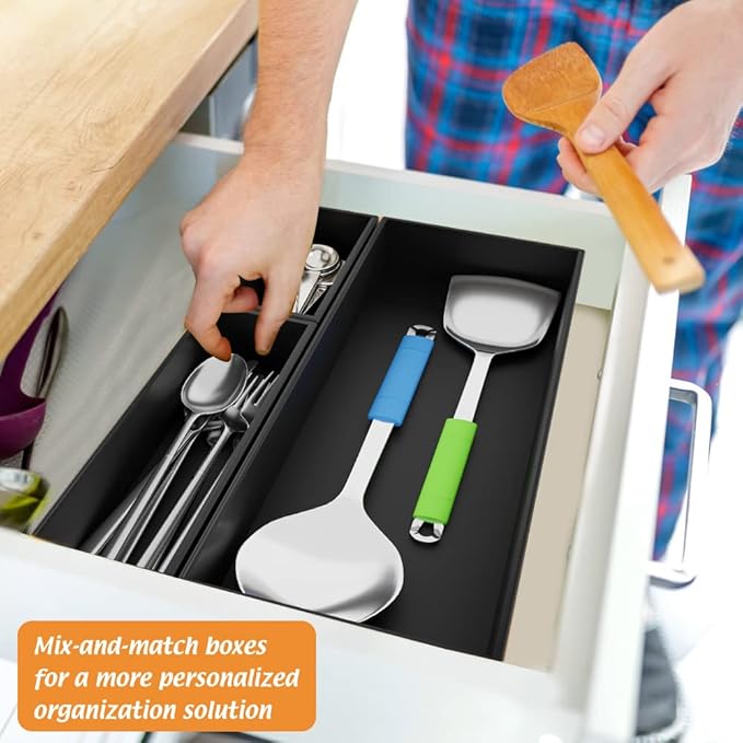 Black Bamboo Drawer Organizer - Silverware&Utensil Holder Organizer for Kitchen Drawers, Multi-Use Drawer Dividers Boxes for Bathroom Counter，Cabinet, Garage, Office Desk, Makeup, Jewelry (9"3"2.5")