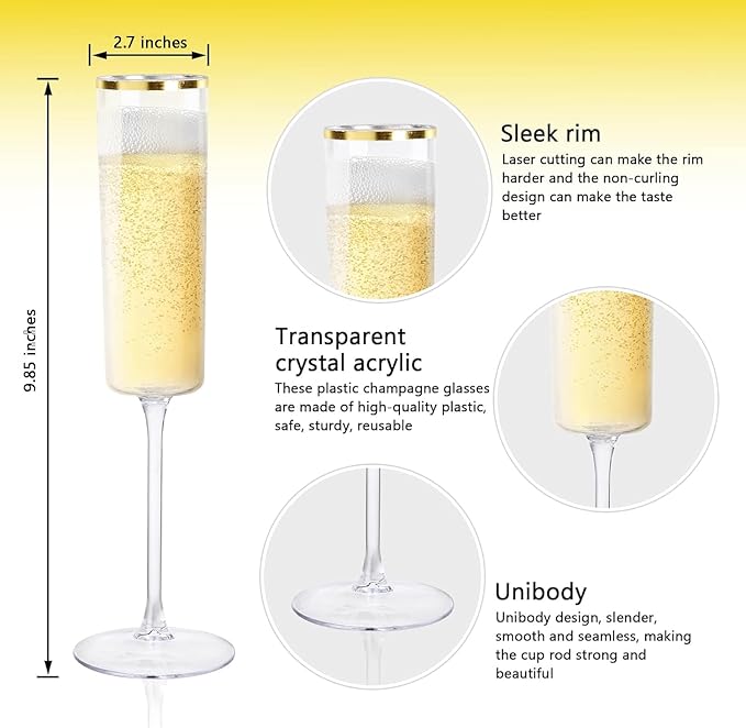 Ciaell 24 Pack Plastic Champagne Flutes - 6Oz Gold Rim Disposable Champagne Glasses - Square Clear Plastic Toasting Glasses for Party Birthday Anniversary Wedding