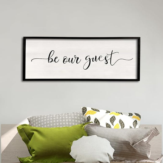 comurdyo Be Our Guest Wall Decor Sign 40”X15” Large Master Bedroom Above Bed Wall Decor Wood Framed Guest Room Sign Simple Rustic Farmhouse Over Bed Bedside Wall Art (Black)