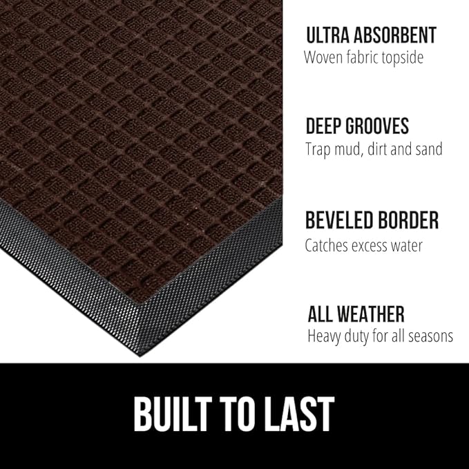 GORILLA GRIP 100% Waterproof All-Season WeatherMax Doormat 35x23, US Designed Natural Rubber, Stain and Fade Resistant, Low Profile Indoor Outdoor Door Mats, Easy Clean Patio Mat, Coffee Squares
