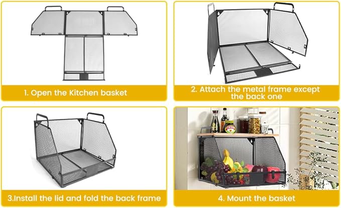 1 SET Large fruit basket for kitchen counter-stackable basket with Bamboo Tops & Tag,hanging wall baske,for Cabinet Shelf Countertop pantry storaget, onion potato Vegs Bread Food Organizing Bin,BLACK