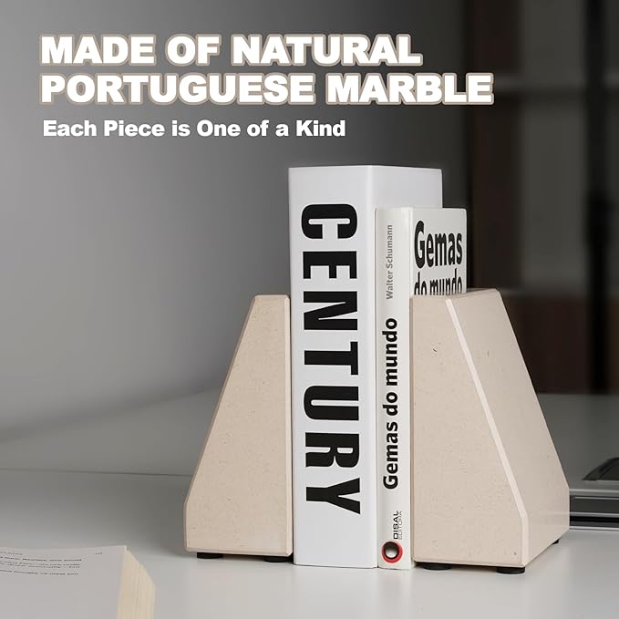 Book End, Natural Marble Bookend for Shelves, Non-Skid Bookends for Heavy Books, Heavy Duty Book Stopper for CDs and Oversized Books, Luxury Book Shelf Holder, Moleanos Beige