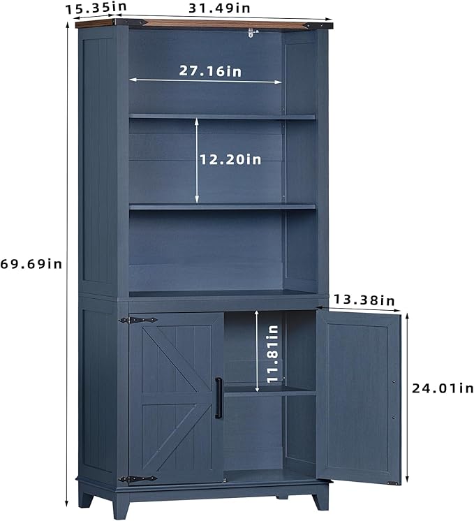70in Tall Bookshelf 5 Tier Bookcase with Barn Doors and Adjustable Shelves, Blue Farmhouse Book Shelf with Storage Cabinet, Wood Freestanding Display Bookshelves for Bedroom, Living Room
