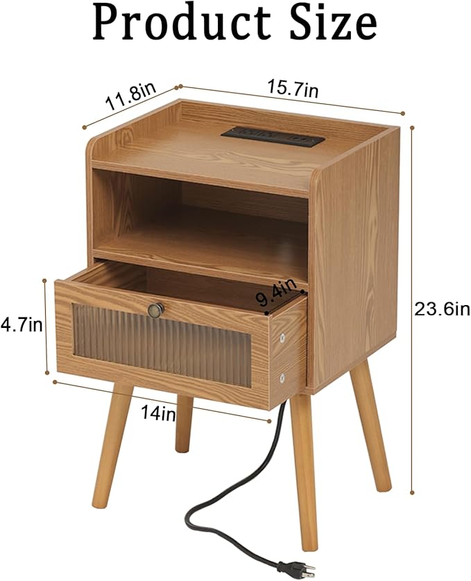 AWASEN Mid Century Nightstand with Charging Station, Modern Bedside Table with Glass Decorative Drawer, Small End Side Table with 2 Tiers Storage for Bedroom, Office and Small Space(Brown)