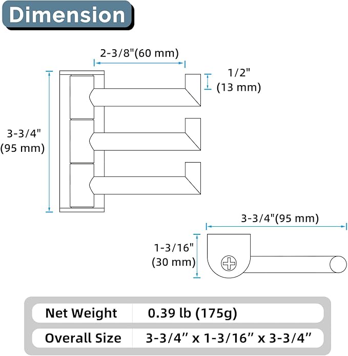Angle Simple 3 Arms Towel Hook Brushed Gold, 304 Stainless Steel Swivel Triple Towel Holder, Folding Bathroom Hook, Wall Mount