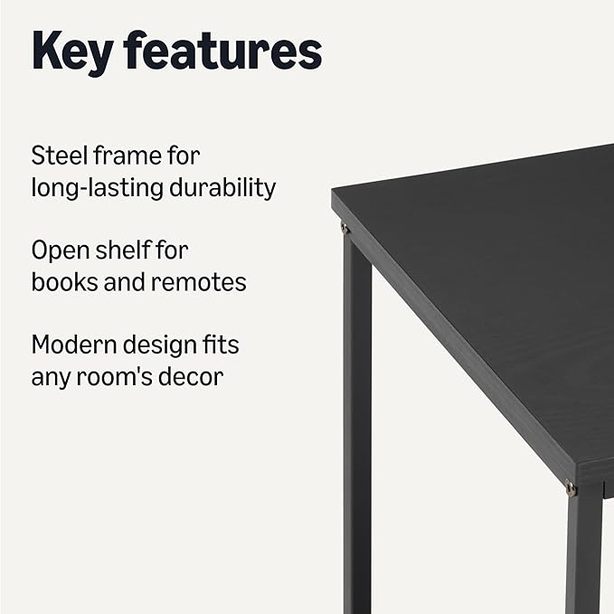 Amazon Basics - End Table with Bottom Shelf, Living Room Side Table, Steel Frame, Wooden Black