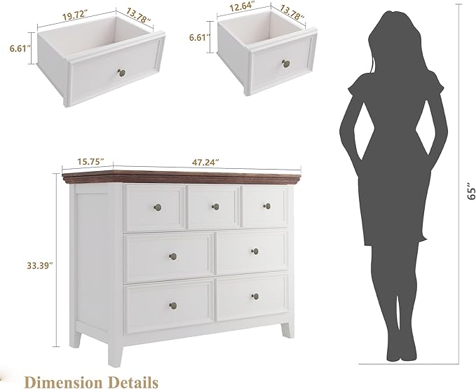 BLANKSPACE 7 Drawer Dresser, Modern Farmhouse Dresser Chest of Drawer for Bedroom, Chest of Drawers Storage Cabinet for Living Room, Entryway, Hallway, Antique White