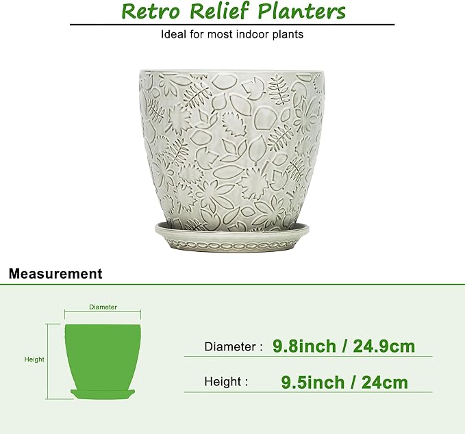 10inch Retro Ceramic Planter with Drainage Hole and Saucer for Multiple Plants, Indoor-Outdoor Garden Pots for Succulent, Orchid, and Flower (Fits Inner Pots Up to 9 Inch, Retro White)