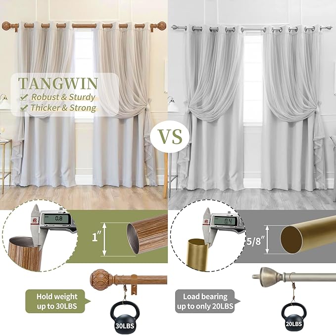 2 Pack Wood Curtain Rods for Windows 48 to 84 Inch(4-7ft),1 Inch Adjustable Curtain Rod,Heavy Duty Curtain Rods,Wooden Netted Texture Drapery Rods,Single Window Curtain Rod 36-88",Brown Wood