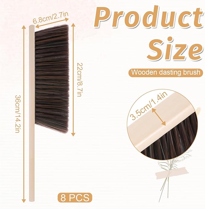 8 Pieces Woooden Dust Brush Hand Broom Bulk Bench Brush with Long Wood Handle Soft Bristle Whisk Broom for Counter Bed Sofa Bench Car Fireplace Clothes Household Cleaning