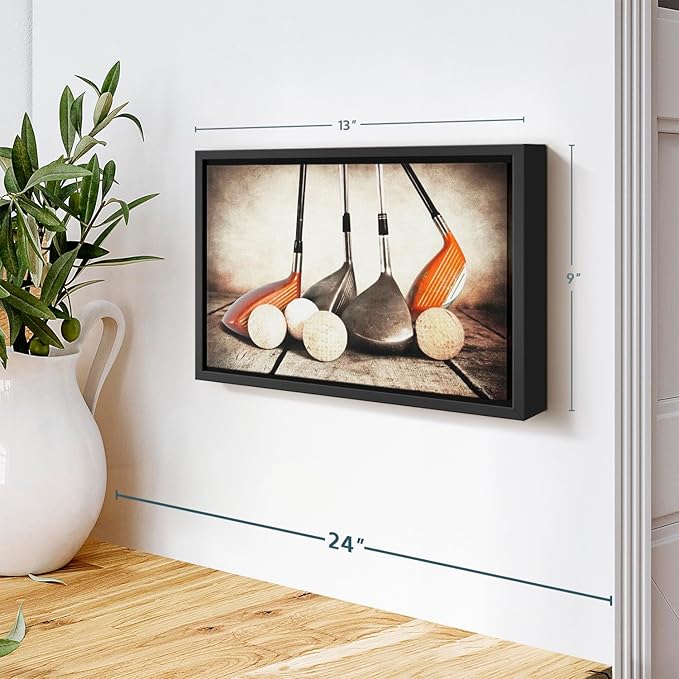 ElephantStock Golf Sets Wall Art - Horizontal Framed Canvas - 1-Piece Mancave Wall Decor - Photography Sports Canvas Print - Yellow and Brown Decor for Wall - 13" X 9"