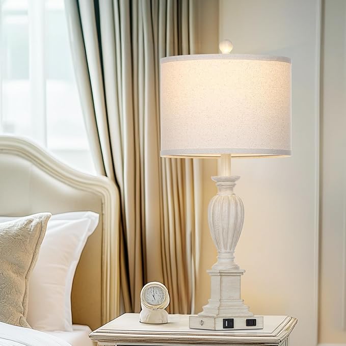 27" Farmhouse 3 Way Dimmable Touch Table Lamp Set of 2 Rustic Classic Bedside Nightstand Wood Lamps for Living Room Bedroom with USB C+A Ports Washed White (2 Bulbs Included)