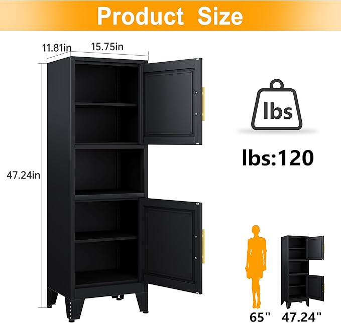 47.24" H Metal Narrow Bathroom Storage Cabinet Pantry Storage Cabinet, 2 Adjustable Shelves for Kitchen, Home Office, Living Room, Dinning Room (Black)