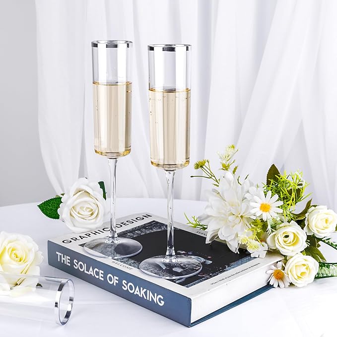 Ciaell 24 Pack Silver Plastic Champagne Flutes - 6 Oz Disposable Champagne Glasses - Square Silver Rim Plastic Toasting Glasses for Party Birthday Anniversary Wedding