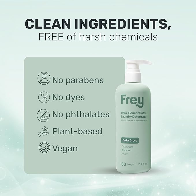 FREY Concentrated Liquid Laundry Detergent | Formulated for Sensitive Skin & HE Washers | Removes Stains Effectively | 50 Loads per Bottle (1-pack Cedar Grove)