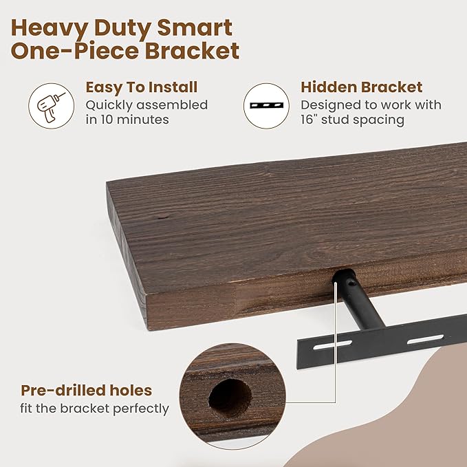 Floating Shelves for Wall Decor, Rustic Solid Elm Wood Live Edge Floating Shelves Wall Mounted, Wall Shelves with Invisible Bracket for Living Room Bathroom Bedroom Kitchen, 48 Inch, Walnut