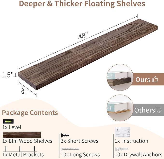 Axeman Floating Shelves for Wall, Rustic Elm Wood 48'' x 8" Deep Wall Shelf with Invisible Bracket, Large Long Wall Mounted Storage Shelves for Living Room, Bedroom, Kitchen, Bathroom Decor, Walnut