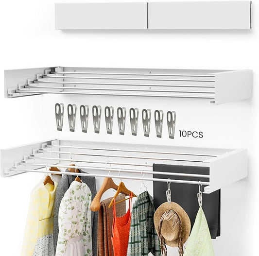 Foldable Wall-Mounted Drying Rack, Heavy-Duty 60 lb Capacity – Space-Saving Folding Laundry Hanger with 10 Clips, Rust-Proof Aluminium Clothes Dryer for Indoor & Outdoor Use