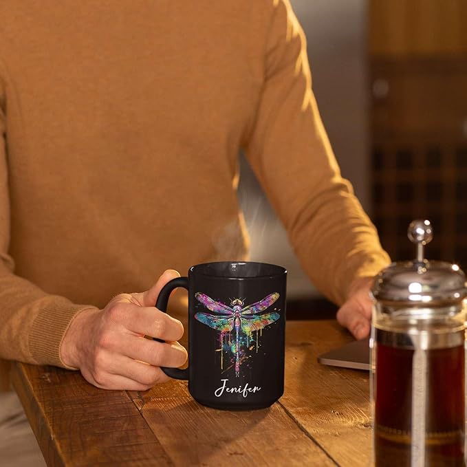 Colorful Dragonfly Ceramic Cup - Personalized Name Coffee Mug for Birthday, Gift for Son Daughter, Customized Black Animal Mug, Dragonfly Lover Cup 11oz 15oz