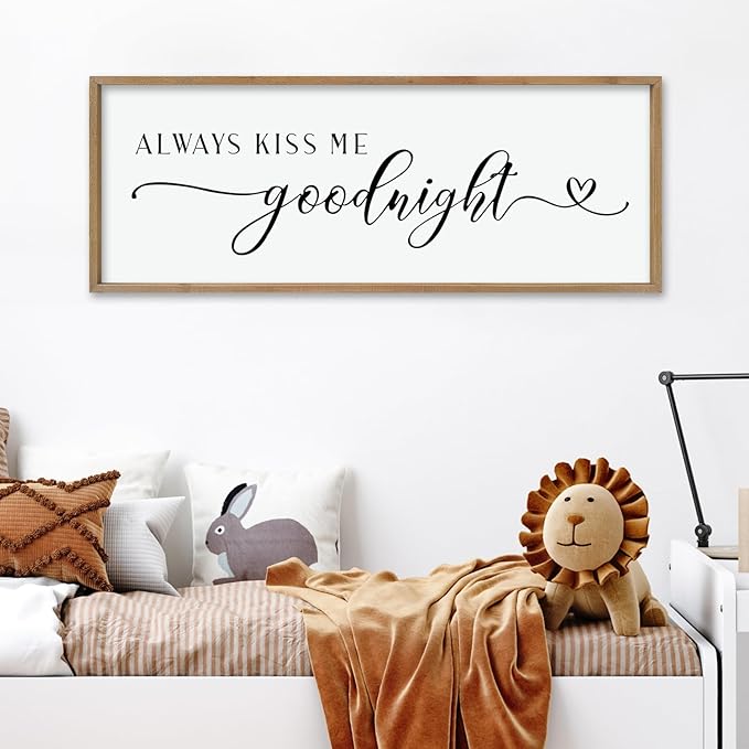 comurdyo Always Kiss Me Goodnight Sign for Bedroom Above bed Wall Decor 40''×15'' Large Wood Frame For Couples Over Bed Hanging Wall Art (Wood)