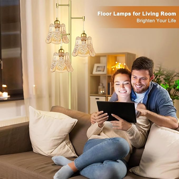 Gold Floor Lamp for Living Room,Bedroom,Tree 3 Light Standing Lamp Mid Century Modern Brass Tall Floor Lamps Vintage Retro Floor Lights Glass Green Flower Lamp Shade Farmhouse Boho Bohemian