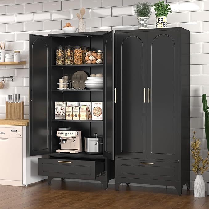 Black Pantry Kitchen Cabinet with Drawer, 75 Inch Metal Storage Cabinet with Doors and Shelves, Steel Food Pantries, Large Freestanding Cupboard for Living&Dining Room-Assemble Required