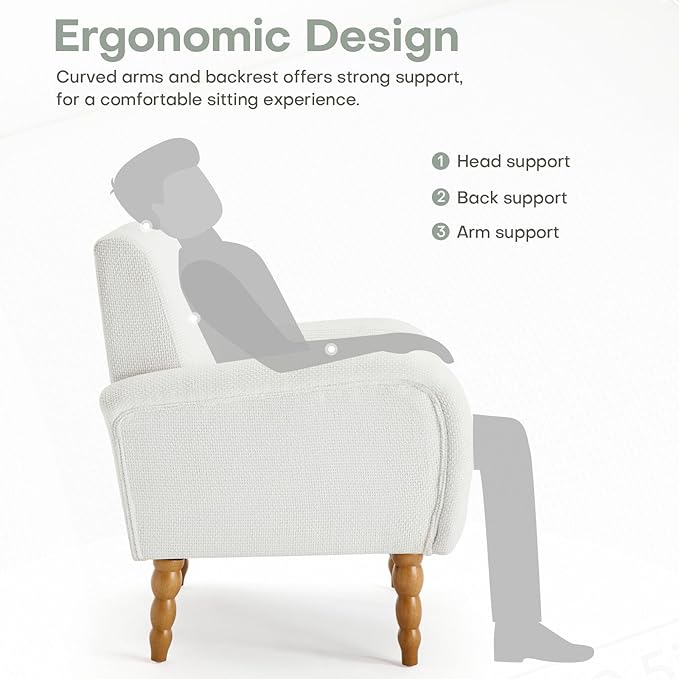 Chenille Fabric Accent Chair, Upholstered Armchair with Solid Wood Legs, Modern Living Room Accent Chair, Comfy Single Sofa Chair Reading Club Chair for Bedroom Reception Lounge, White