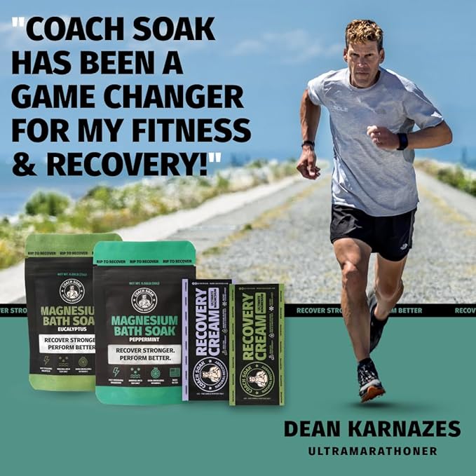 Coach Soak Magnesium Flakes & Lotion Trial Pack - Soothing Menthol Lotion & Bath Soak - 0.18 Lb Sachets - Lavender, Eucalyptus & Peppermint Scents