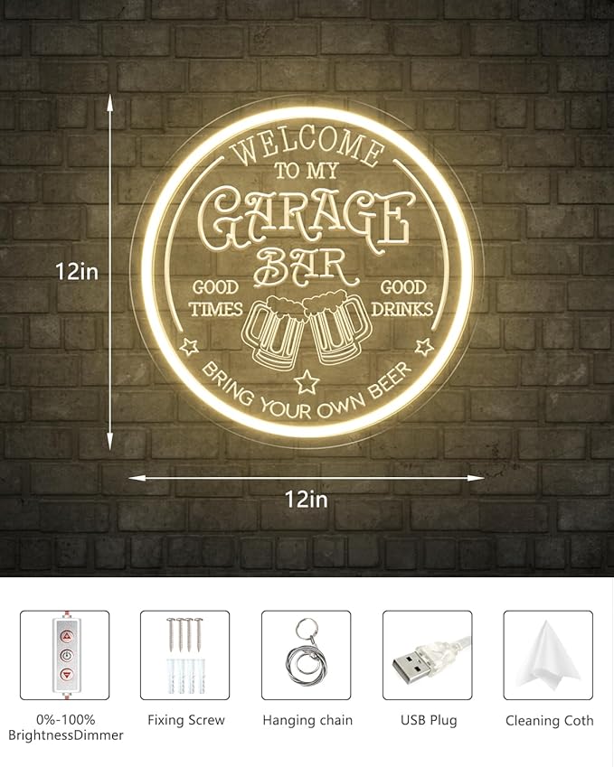 Garage Bar LED Neon Sign for Wall Art Decor, Dimmable Garage Light Up Sign for Man Dad Gifts, Neon Lights Bar Signs for Home Bar Pub Man Cave Bistro Birthday Camping Party