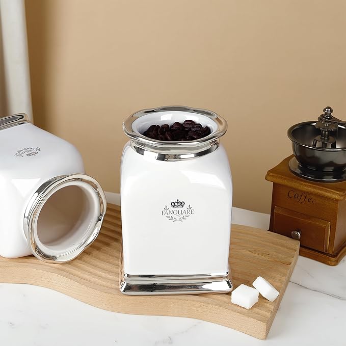 fanquare 30 OZ Cookie Jar, White Kitchen Canisters Set of 3, Farmhouse Porcelain Decorative Jars for Countertop, Ceramic Storage Jar for Coffee, Sugar, Tea Bag
