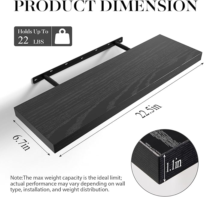 BAYKA Floating Shelves for Wall, 22.5" Wall Mounted Rustic Wood Shelves for Bathroom, Bedroom, Living Room, Kitchen, Office, Hanging Shelf for Books/Storage/Room Decor Capacity (Black, Set of 2)