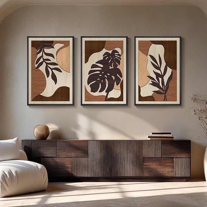 Framed Textured Wood 3D Wall Art for Living Room, Large Boho Tropical Brown Artwork for Walls, 3 Piece Farmhouse Botanical Leaf Wood 3D Textured Wall Art Decor for Office Bedroom Hallway, 24x36 Inch