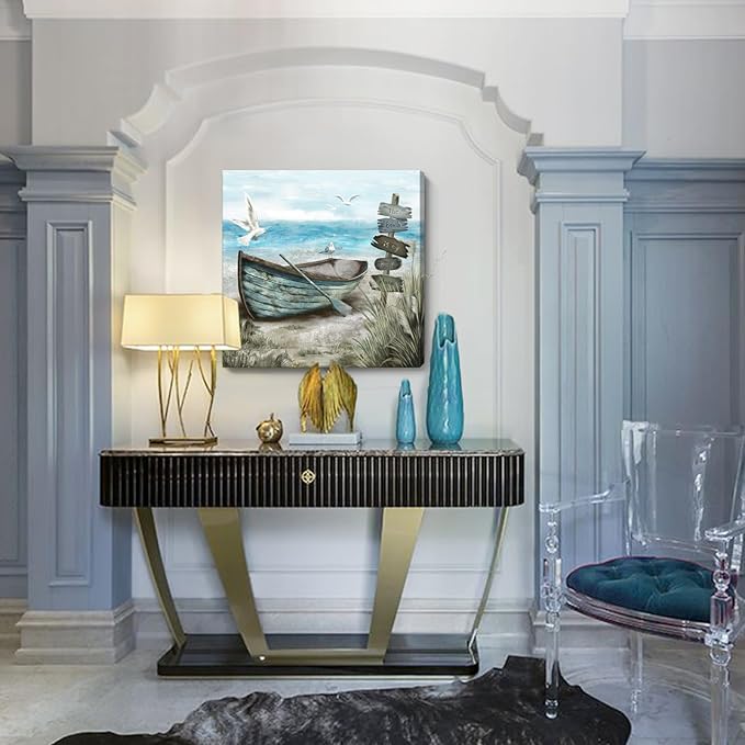 Canvas Wall Art Beach Décor Wall Picture Rustic Coastal Sand Canvas Print Ocean Nautical Painting Seascape Sea Bird Vintage Ship Boat Artwork for Seaside Living Room Bedroom Bathroom Decor Blue Large