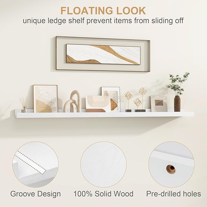 Floating Picture Ledge Shelves 72 Inch Solid Oak Wood Set of 2, Rustic Wall Storage Shelves with Lip, Kids Bookshelf, Photo & Picture Ledge Shelves for Bedroom, Living Room, Kitchen