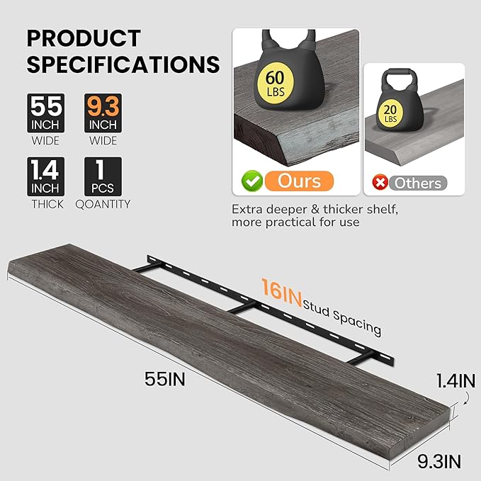 Floating Shelves for Wall, 55"x9.3" Rustic Solid Live-Edge Elm Wood Wall Shelves, Heavy-Duty Floating Shelves with Invisible Brackets, Set of 2 for Living Room, Bedroom, and Kitchen, Grey Finish