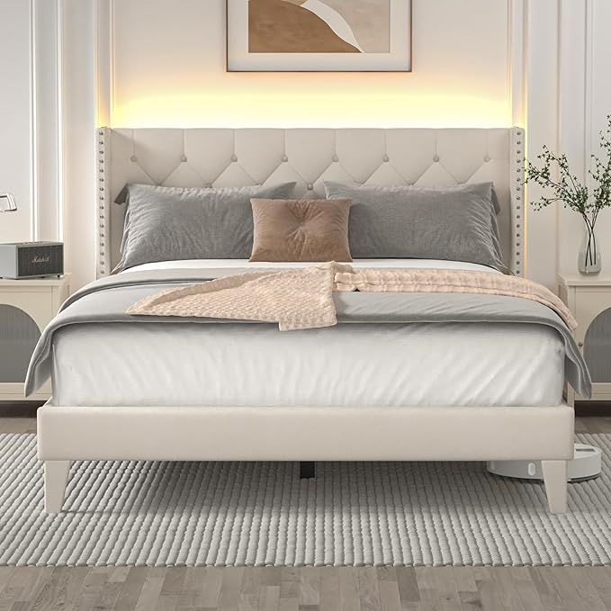 Full Size Bed Frame with Wingback Headboard, Upholstered Platform Bed Frame with Diamond Tufted Headboard & Lights, Wood Slat, Easy Assembly, Noise-Free, No Box Spring Needed, Beige