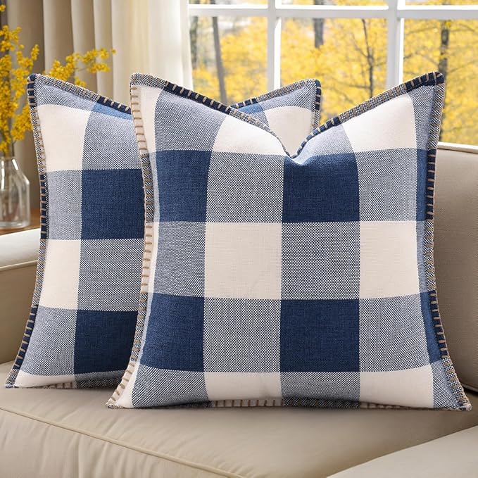 decorUhome Buffalo Plaid Check Throw Pillow Covers 20x20 Set of 2, Outdoor Decorative Farmhouse Neutral Pillow Covers with Stitched Edge for Bed Couch Sofa, Navy Blue and White