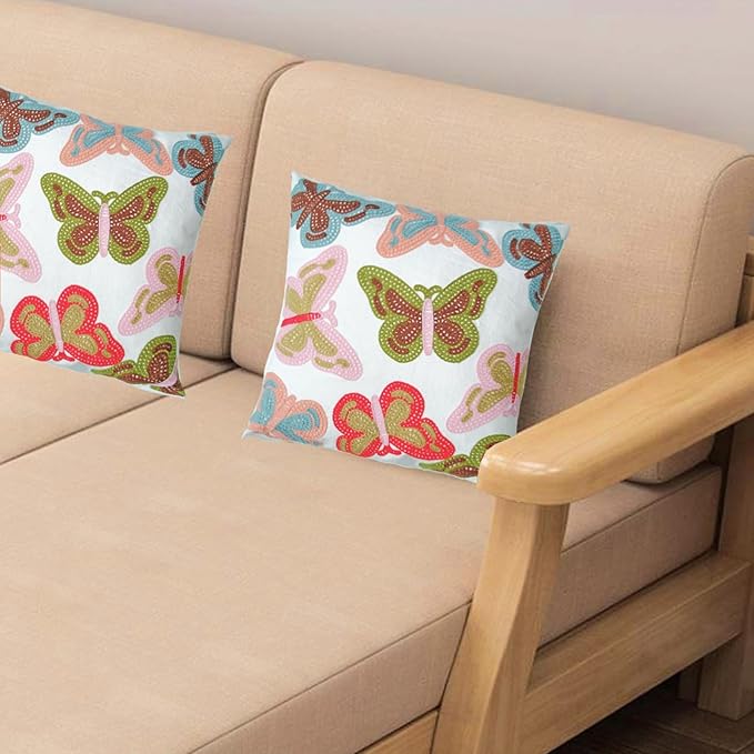 Embroidered Decorative Throw Pillow Cover, 18"x18" Set of 2, Farmhouse Pillowcase Colorful Butterfly Knit Pattern Cotton Canvas Cushion Case Square Floral Pillow Case for Sofa Couch Bed Living Room