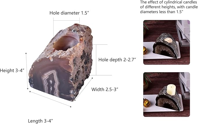 AMOYSTONE Agate Candle Holder Multi-Functional Décor 1-1.5lb Pillar Candles & Makeup Brush Storage | Irregular Half-Cut Design | Meditation Desk Accent | Spiritual Starter Gift