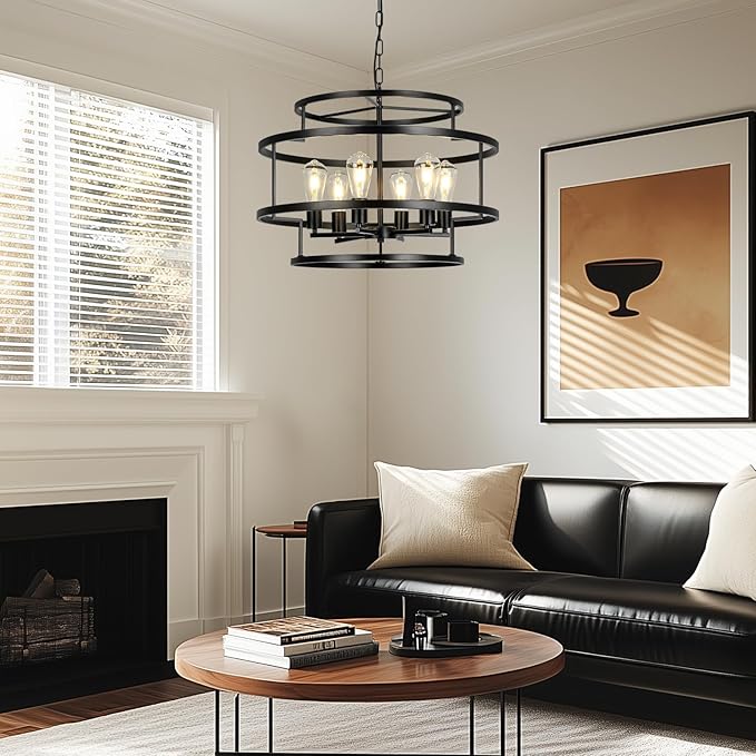 24" Black Chandelier, 6-Light Farmhouse Pendant Light Fixture with Geometric Metal Frame, Modern Industrial Ceiling Hanging Light for Dining Room, Living Room, Bedroom, Kitchen Island, Hallway, Foyer