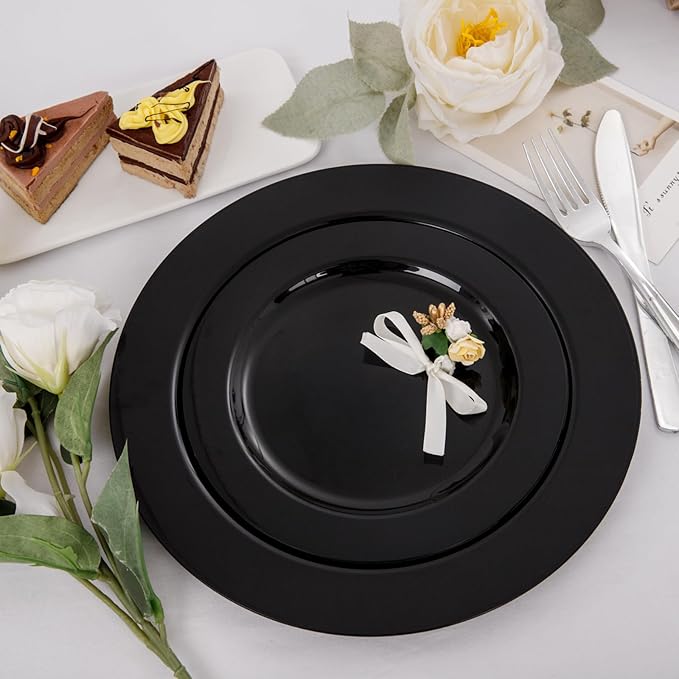 FLOWERCAT 60PCS Black Plastic Plates - Heavy Duty Black Disposable Plates for 30 guests Halloween Party/Wedding/New Year - Include 30PCS 10.25inch Dinner Plates and 30PCS 7.5inch Dessert Plates