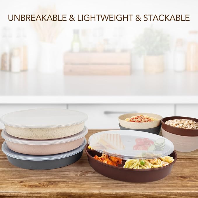 greenandlife 9 Inch 4PCS Portion Control Plates with Lids, Divided Plates for Kids Adults, Dishwasher Microwave Safe Compartment Plate, Unbreakable Lightweight Reusable Wheat Straw Plate, Earth Tone