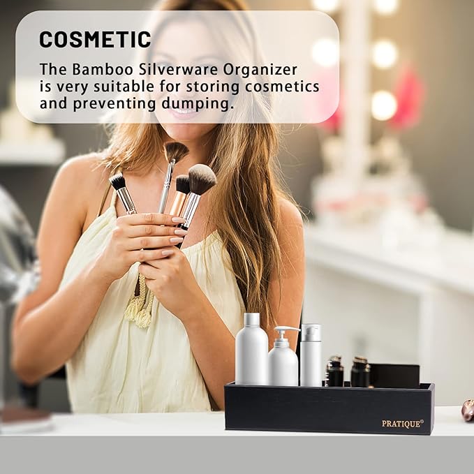 Bamboo Drawer Organizer - Kitchen Utensil Organizer Silverware Tray Cutlery Holder，Office Desk Supplies and Accessories,12 * 5.9 * 2.6,Black