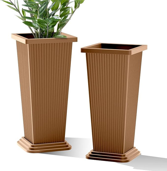 FENCY Set of 2 Tall Planters for Outdoor Plants, 24 Inch Large Tapered Pots with Drainage Trays, Weather-Resistant Plastic Plant Containers for Patio, Porch, Garden, Front Door Decor,Brown, Striped