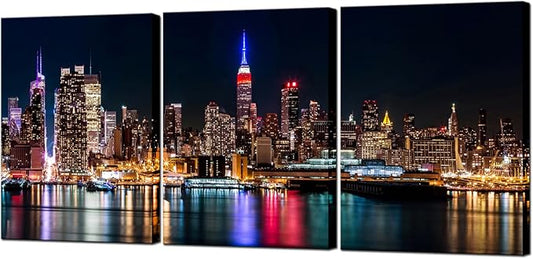 Biuteawal New York City Canvas Wall Art Manhattan Skyline Night View Picture Painting Modern Giclee Canvas Prints Home Office Living Room Wall Decoration
